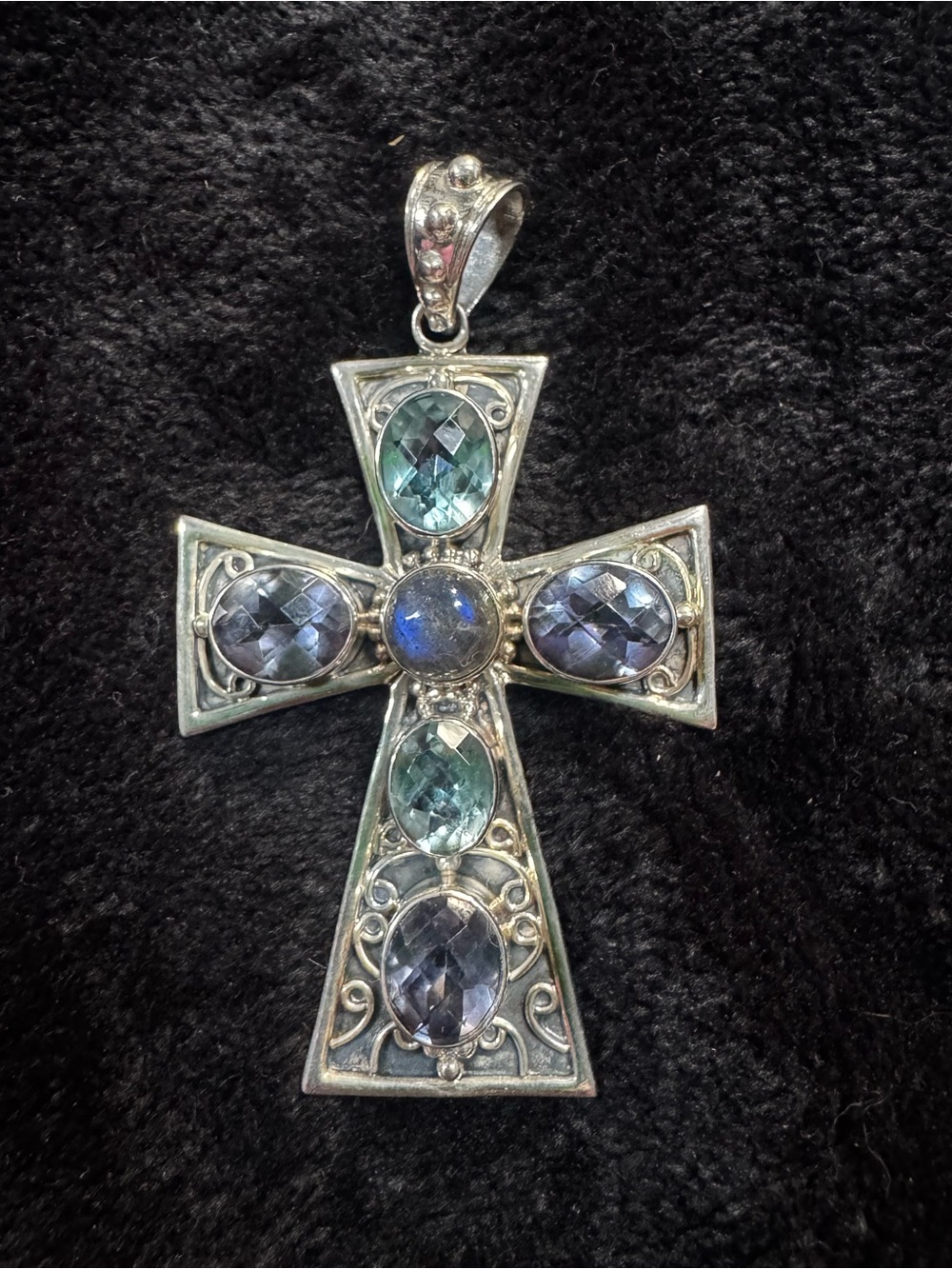 Nicky Butler Large Sterling Silver Cross Pendant with Blue and Purple Gemstones